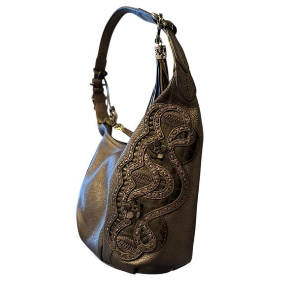 BRIGHTON NIKKI Bronze/Brown Leather w/ Lace-Inspired Applique Hobo Shoulder Bag - Picture 7 of 12